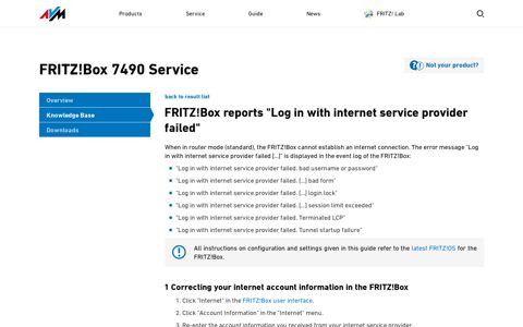 FRITZ!Box reports "Log in with internet service provider failed ...
