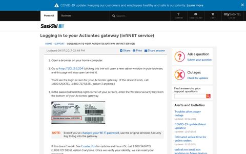 Logging in to your Actiontec gateway (infiNET service) - Support