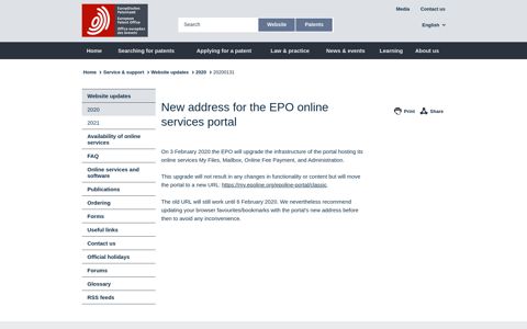 EPO - New address for the EPO online services portal