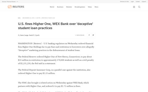U.S. fines Higher One, WEX Bank over 'deceptive' student ...