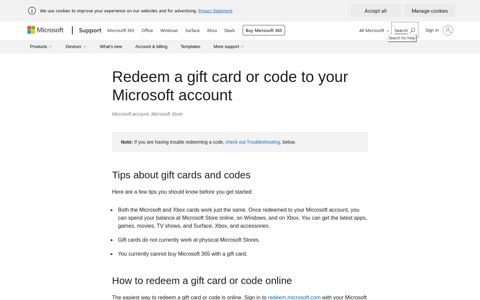 Redeem a gift card or code to your Microsoft account