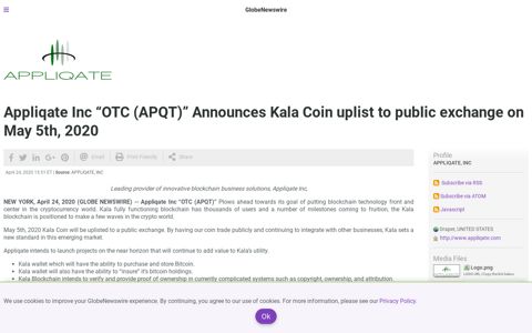 Appliqate Inc “OTC (APQT)” Announces Kala Coin uplist to ...