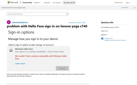 problem with Hello Face sign in on lenovo yoga c740 ...