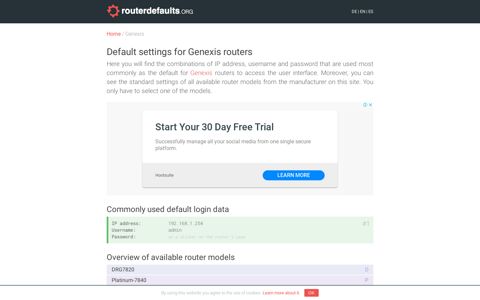 Default settings for Genexis routers