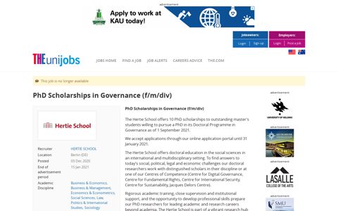 PhD Scholarships in Governance (f/m/div) job with HERTIE ...