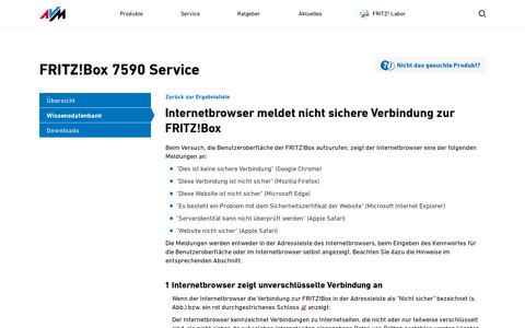 Internetbrowser meldet nicht sichere Verbindung zur FRITZ!Box