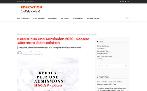 Kerala Plus One Admission 2020- Second Allotment List ...