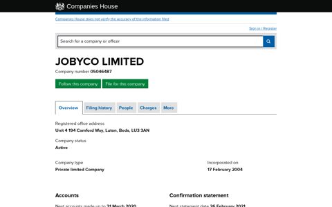 JOBYCO LIMITED - Overview (free company information from ...