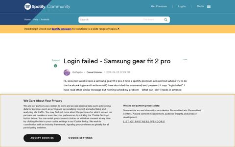 Solved: Login failed - Samsung gear fit 2 pro - The Spotify ...