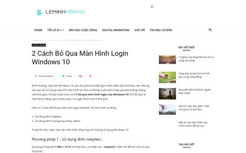 2 Cách Bỏ Qua Màn Hình Login Windows 10 | Lê Minh Hoàng