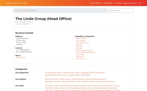 Directory Listing - Linde AG - gasworld Directory