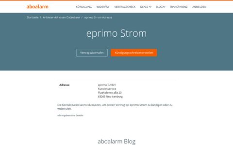 eprimo Hotline, Anschrift, Faxnummer und E-Mail - Aboalarm