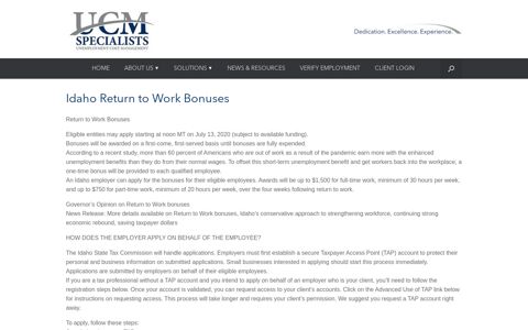 Idaho Return to Work Bonuses – UCM Specialists, Inc.