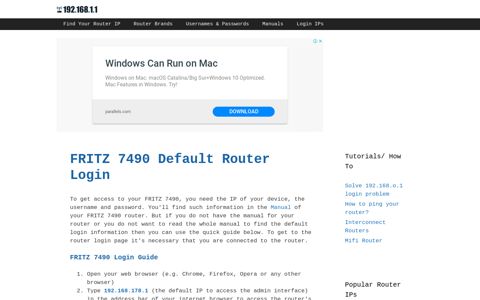 FRITZ 7490 Default Router Login - 192.168.1.1