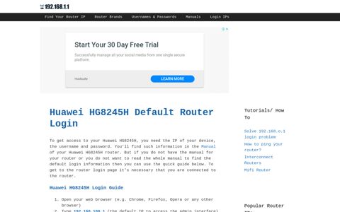 Huawei HG8245H Default Router Login - 192.168.1.1
