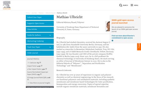 Mathias Ulbricht - Editorial Advisory Board - Polymer