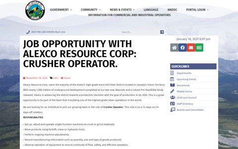Job Opportunity with Alexco Resource Corp: Crusher Operator ...