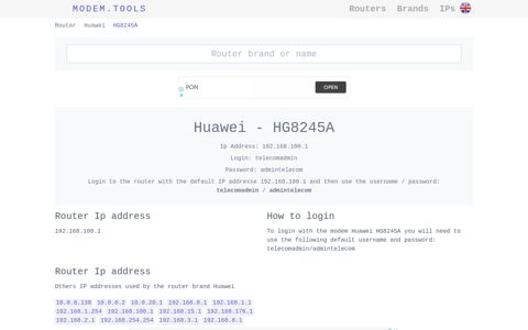 Huawei HG8245A Default Router Login and Password