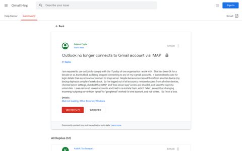 Outlook no longer connects to Gmail account via IMAP - Gmail ...