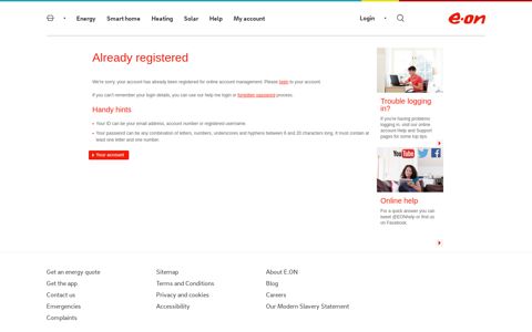 Already registered | Your business account - E.ON
