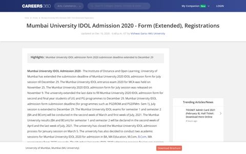 Mumbai University IDOL Admission 2020 - Form (Extended ...
