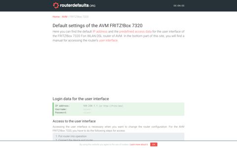 Default settings of the AVM FRITZ!Box 7320