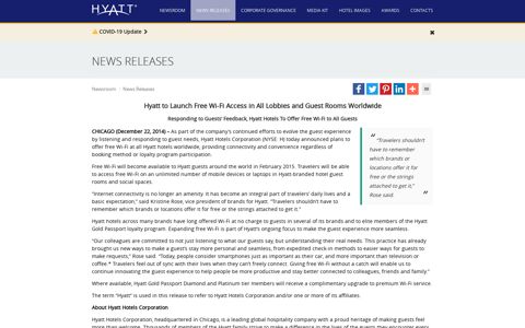 Hyatt to Launch Free Wi-Fi Access Worldwide
