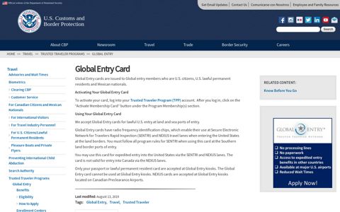 Global Entry Card | U.S. Customs and Border Protection