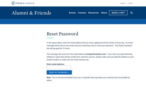 Ithaca College Alumni - Reset Password