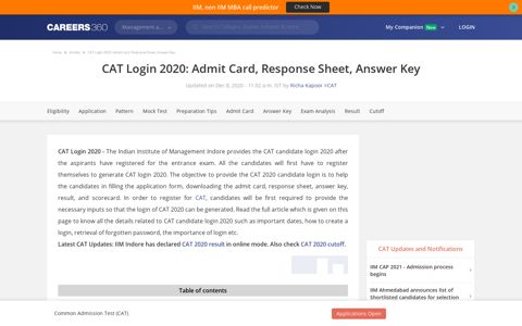CAT Login 2020: Admit Card, Response Sheet, Answer Key