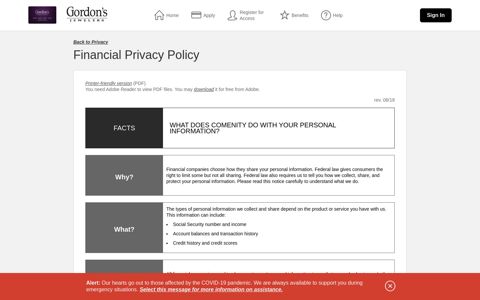 Gordon's Jewelers Credit Card - Financial Privacy Policy