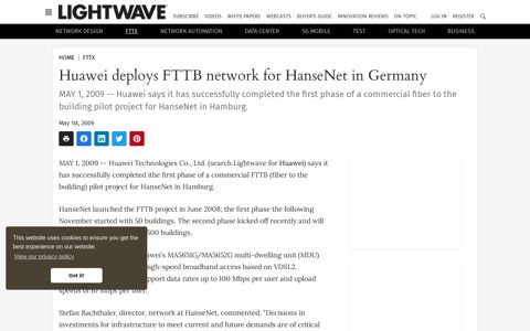 Huawei deploys FTTB network for HanseNet in Germany ...