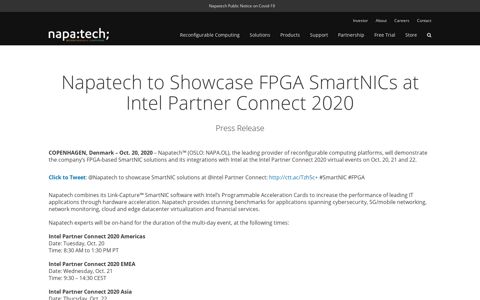 Napatech to Showcase FPGA SmartNICs at Intel Partner ...