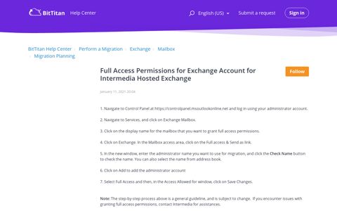 Full Access Permissions for Exchange Account for Intermedia ...