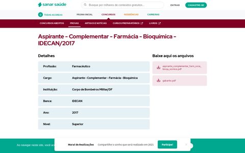 Aspirante - Complementar - Farmácia - Bioquímica - IDECAN