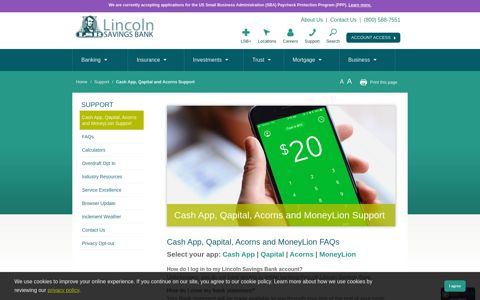 Cash App, Qapital, Acorns and MoneyLion Support | Lincoln ...