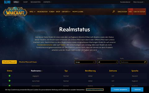 Realm Status - Europe - World of Warcraft