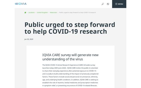 Public urged to step forward to help COVID-19 research - IQVIA