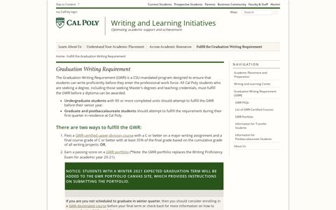 Graduation Writing Requirement - Writing and Learning ...