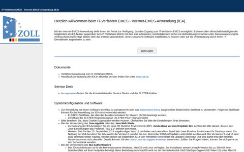Internet-Anwendung EMCS (IEA) (Willkommens-Seite)