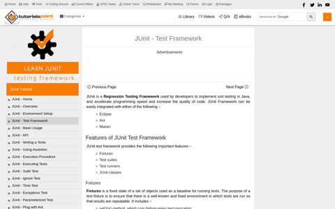 JUnit - Test Framework - Tutorialspoint