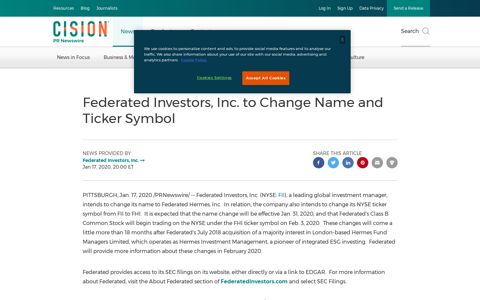 Federated Investors, Inc. to Change Name and Ticker Symbol