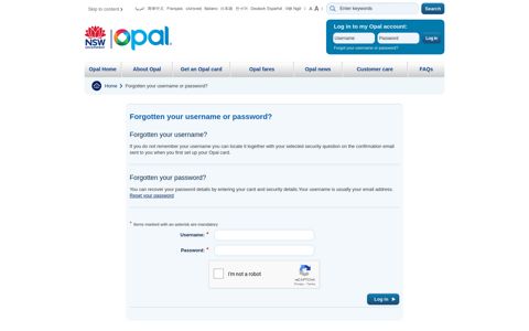 Forgotten your username or password? | NSW ... - Opal
