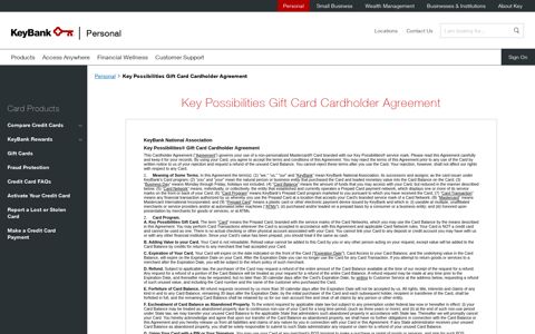 Key Possibilities Gift Card Cardholder Agreement | KeyBank