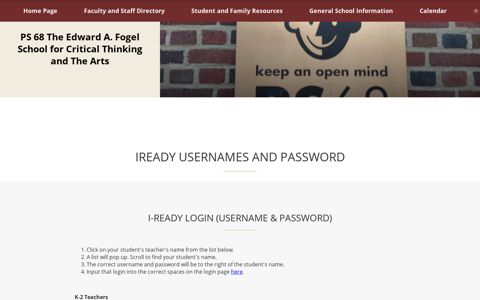 iReady Usernames and Password - PS 68 The Edward A ...