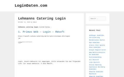 Lehmanns Catering - Primus Web - Login - Rwsoft