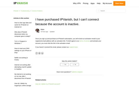 I have purchased IPVanish, but I can't connect because the ...