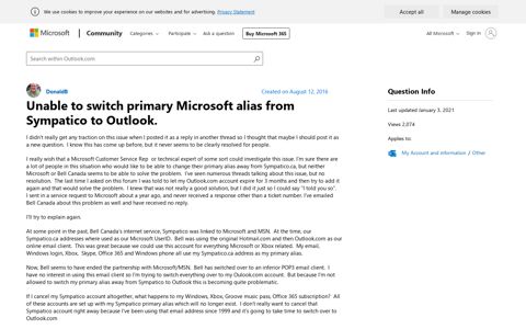 Unable to switch primary Microsoft alias from Sympatico to ...
