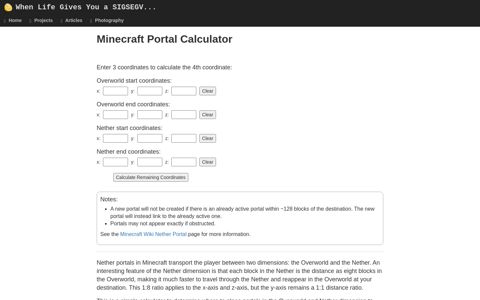 Minecraft Portal Calculator - When Life Gives You a SIGSEGV