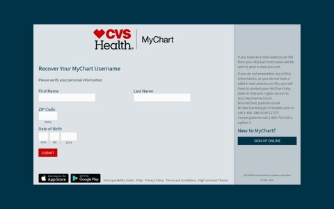 MyChart - Login Recovery Page - MinuteClinic